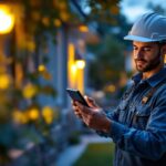 A photograph of a lighting contractor installing a solar light kit in a residential outdoor setting