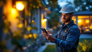 A photograph of a lighting contractor installing a solar light kit in a residential outdoor setting