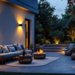A photograph of a beautifully illuminated backyard featuring stylish wall lights that enhance the outdoor ambiance