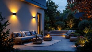 A photograph of a beautifully illuminated backyard featuring stylish wall lights that enhance the outdoor ambiance