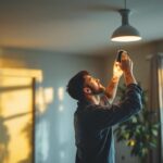A photograph of a skilled lighting contractor expertly installing or adjusting a modern can light in a beautifully remodeled interior space