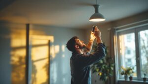 A photograph of a skilled lighting contractor expertly installing or adjusting a modern can light in a beautifully remodeled interior space