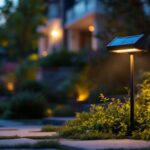 A photograph of a solar lamp illuminating a beautifully landscaped outdoor space at dusk