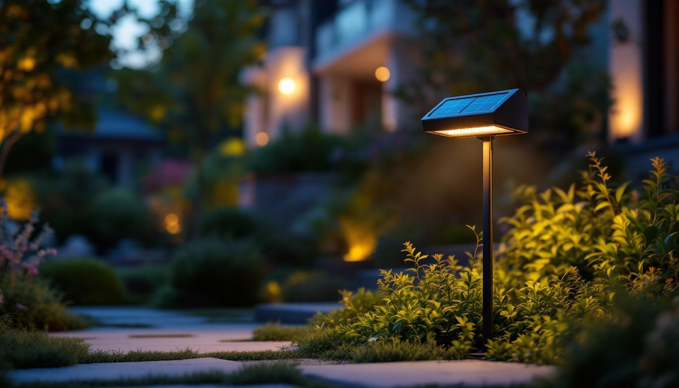 A photograph of a solar lamp illuminating a beautifully landscaped outdoor space at dusk