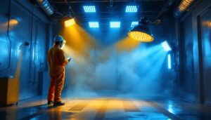 A photograph of a well-lit spray booth showcasing various lighting options