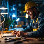 A photograph of a lighting contractor at work