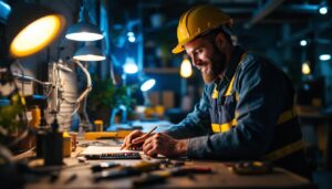 A photograph of a lighting contractor at work