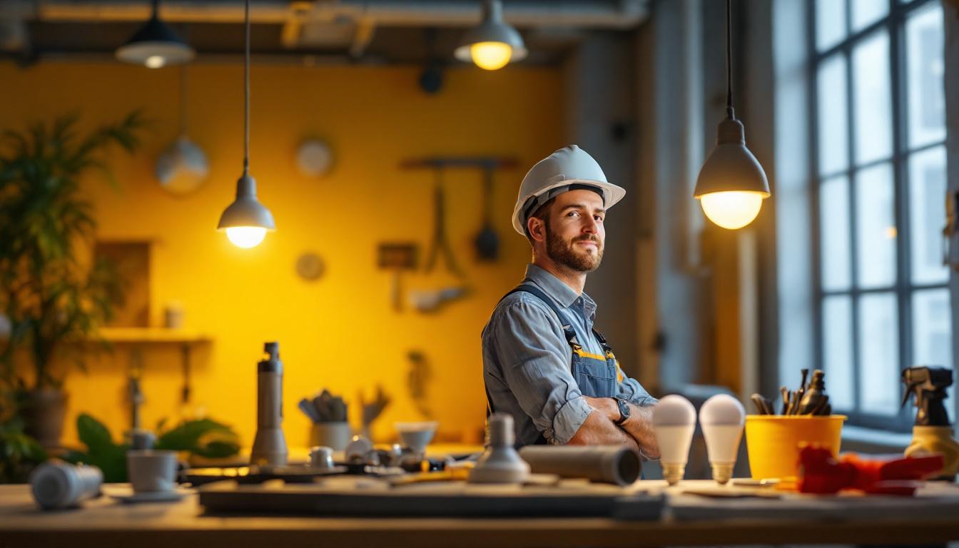 A photograph of a modern workspace where a contractor is installing e39 led lamps