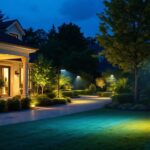 A photograph of a beautifully illuminated outdoor landscape featuring strategically placed flood lights