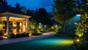 A photograph of a beautifully illuminated outdoor landscape featuring strategically placed flood lights