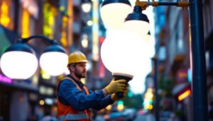 A photograph of a lighting contractor installing outdoor street light globes in a vibrant urban setting