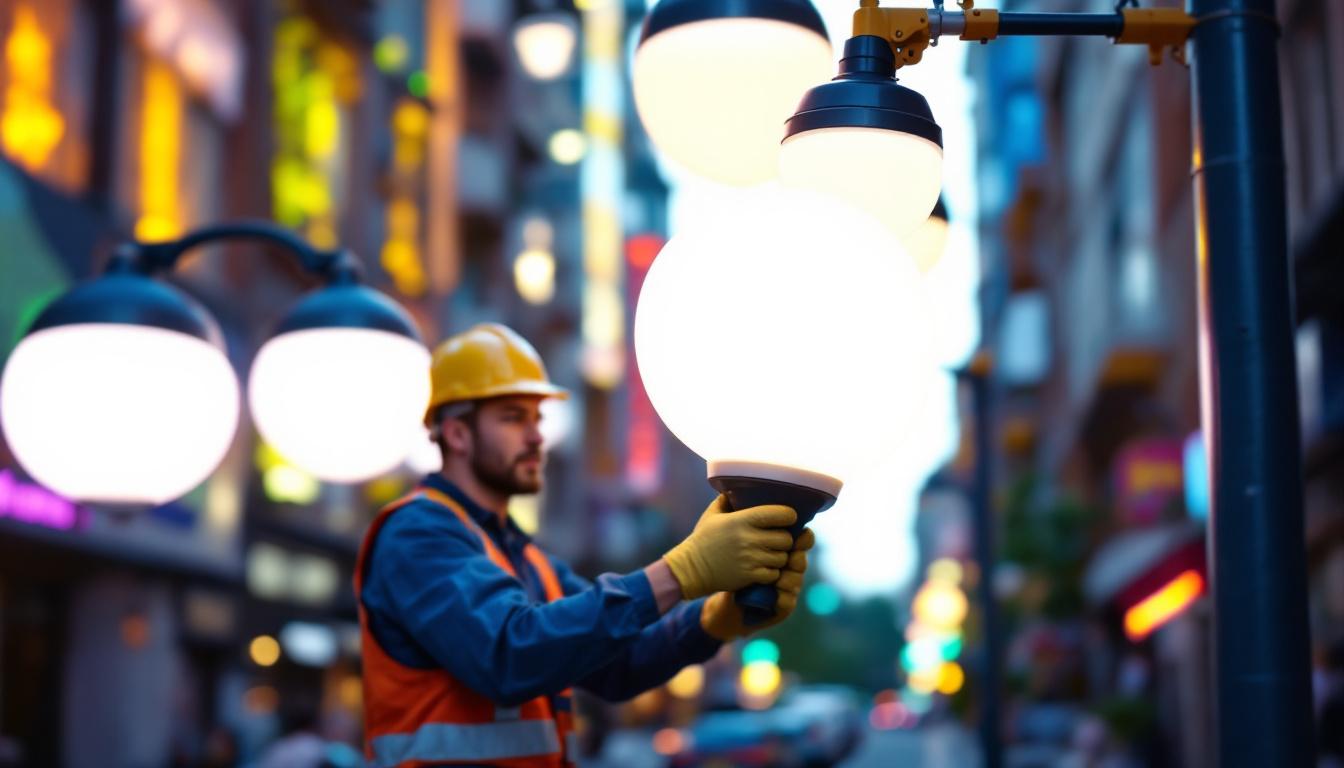 A photograph of a lighting contractor installing outdoor street light globes in a vibrant urban setting