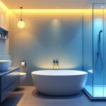 A photograph of a beautifully designed bathroom featuring recessed shower lighting