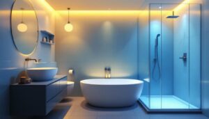 A photograph of a beautifully designed bathroom featuring recessed shower lighting
