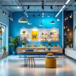 A photograph of a well-lit retail space showcasing various types of shop lighting fixtures in use