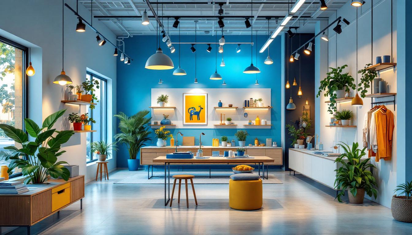 A photograph of a well-lit retail space showcasing various types of shop lighting fixtures in use