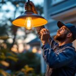 A photograph of a skilled lighting contractor installing an elegant exterior light pendant on a stylish porch or patio