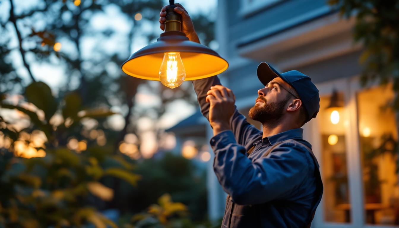 A photograph of a skilled lighting contractor installing an elegant exterior light pendant on a stylish porch or patio