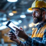 A photograph of a lighting contractor examining a photobio led fixture in a well-lit workspace