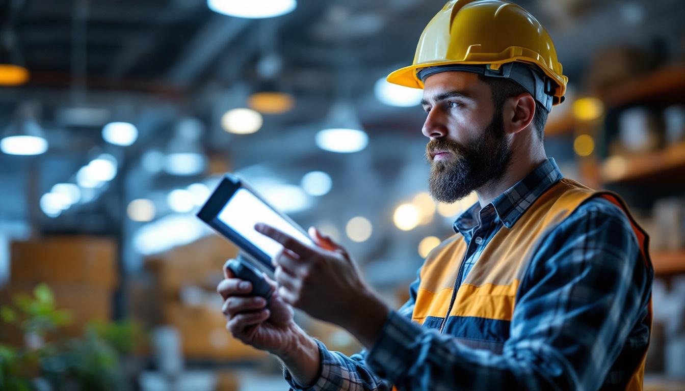 A photograph of a lighting contractor examining a photobio led fixture in a well-lit workspace