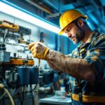 A photograph of a skilled lighting contractor working on a fluorescent light transformer installation