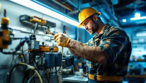 A photograph of a skilled lighting contractor working on a fluorescent light transformer installation