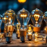 A photograph of a close-up of various light bulb bases arranged aesthetically on a workbench