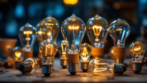 A photograph of a close-up of various light bulb bases arranged aesthetically on a workbench