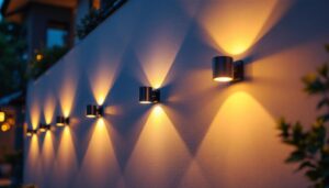 A photograph of a beautifully illuminated outdoor house wall featuring a variety of stylish wall lights in use during twilight