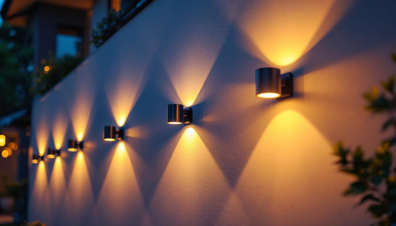 A photograph of a beautifully illuminated outdoor house wall featuring a variety of stylish wall lights in use during twilight