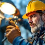 A photograph of a skilled lighting contractor expertly installing a slip fitter on a streetlight