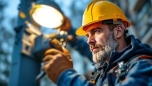 A photograph of a skilled lighting contractor expertly installing a slip fitter on a streetlight