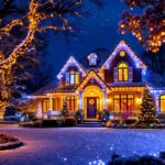 A photograph of a beautifully illuminated home adorned with vibrant projection christmas lighting