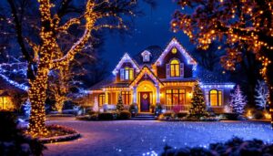 A photograph of a beautifully illuminated home adorned with vibrant projection christmas lighting