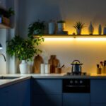 A photograph of a well-lit kitchen or workspace featuring under counter led lighting