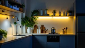 A photograph of a well-lit kitchen or workspace featuring under counter led lighting