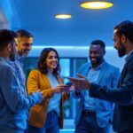 A photograph of a team of professionals gathered around a modern recessed lighting dimmer switch