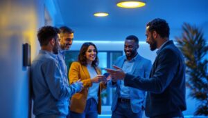 A photograph of a team of professionals gathered around a modern recessed lighting dimmer switch