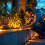 A photograph of a skilled lighting contractor installing or adjusting stylish foot lighting in a modern outdoor space