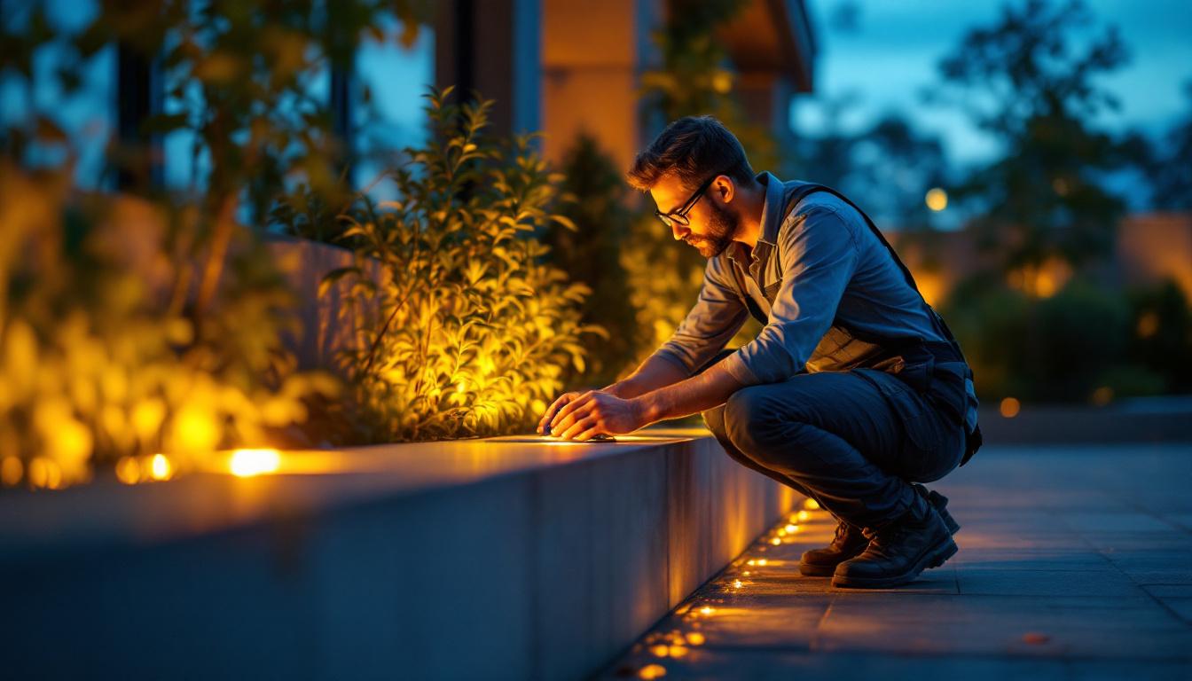 A photograph of a skilled lighting contractor installing or adjusting stylish foot lighting in a modern outdoor space