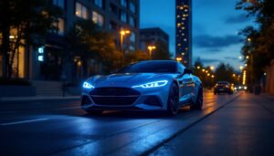 A photograph of a beautifully illuminated car in a stylish urban setting at dusk