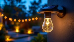 A photograph of a solar-powered light bulb socket installed in an outdoor setting