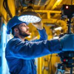 A photograph of a lighting contractor installing specialized led lights in a commercial cooler