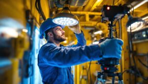 A photograph of a lighting contractor installing specialized led lights in a commercial cooler