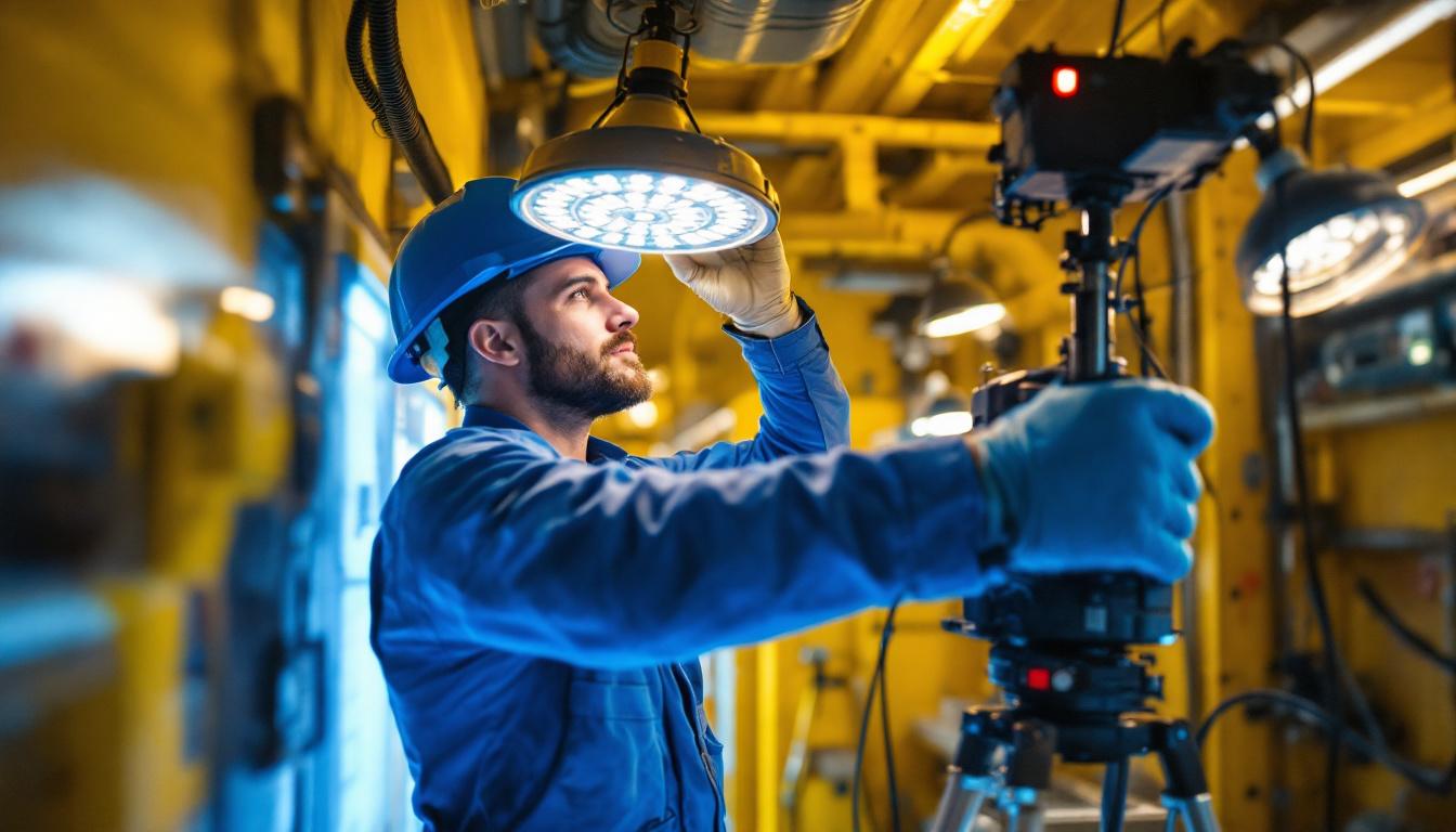 A photograph of a lighting contractor installing specialized led lights in a commercial cooler
