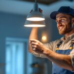 A photograph of a skilled lighting contractor installing a sleek led pendant fixture in a modern interior space