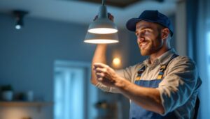 A photograph of a skilled lighting contractor installing a sleek led pendant fixture in a modern interior space