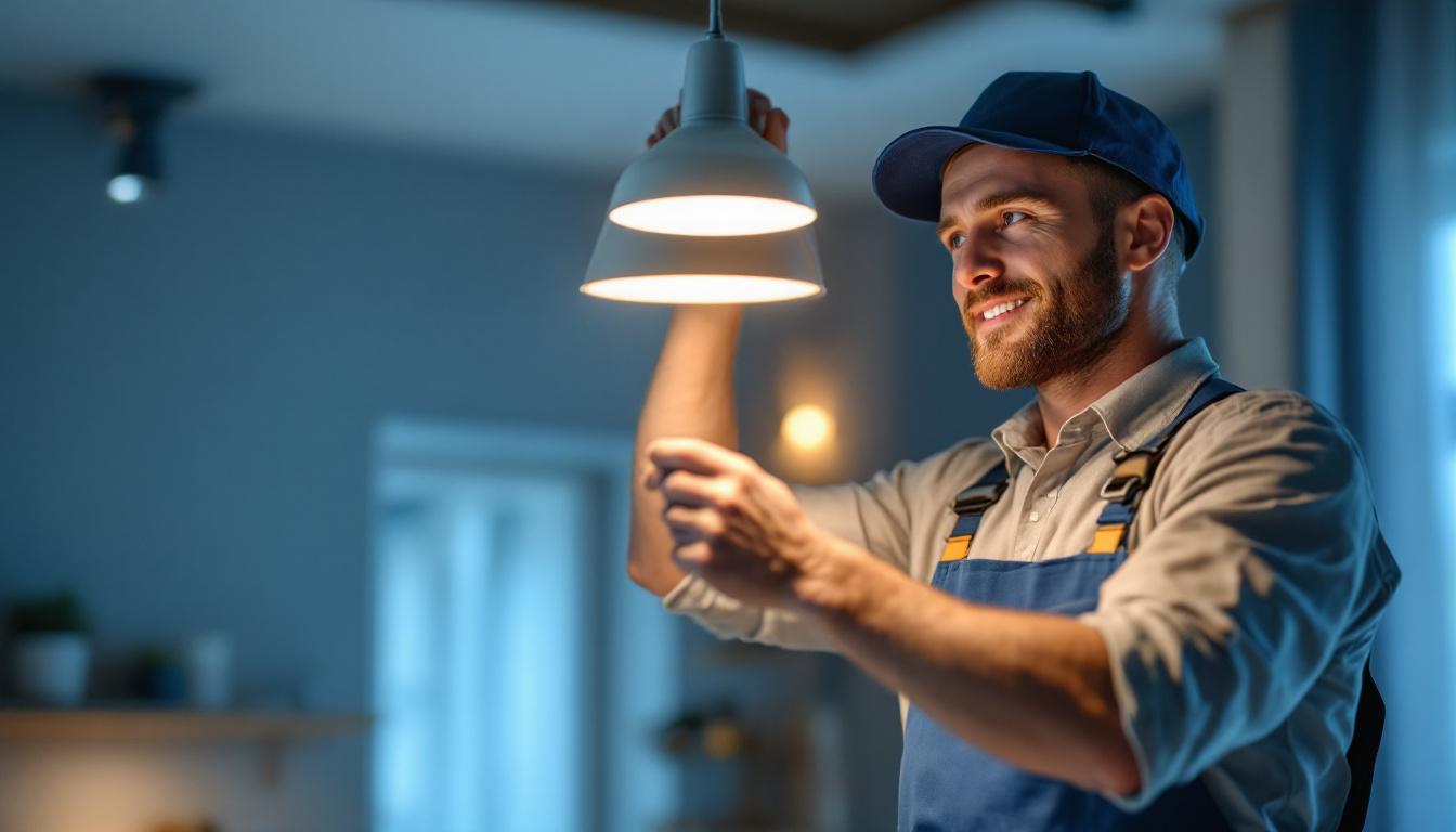 A photograph of a skilled lighting contractor installing a sleek led pendant fixture in a modern interior space