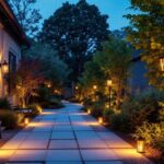 A photograph of a well-designed outdoor space featuring copper post light fixtures in use