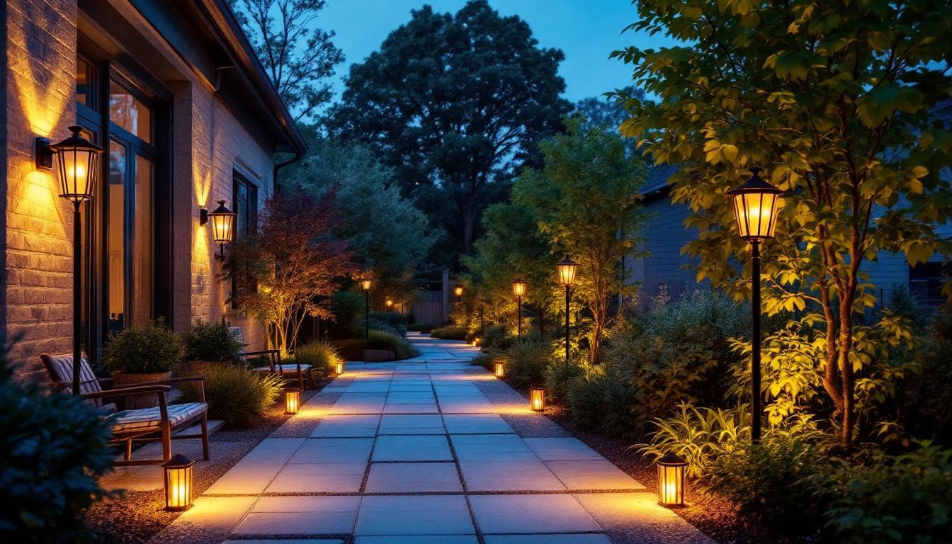 A photograph of a well-designed outdoor space featuring copper post light fixtures in use